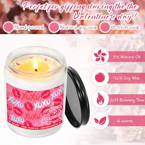 Threlaco 4 Pcs Romantic Gifts for Her, Valentines Day Gifts for Her, Happy Birthday Gifts for Women, Sandalwood, Rose, Lavender, Cream Vanilla Soy Love Candle for Mom Girlfriend Wife, 7 oz