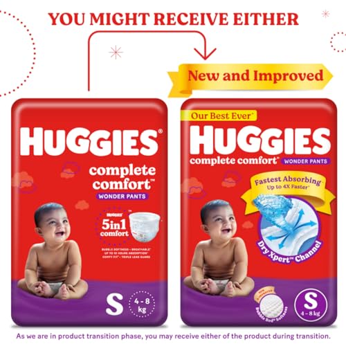 Huggies Complete Comfort Wonder Pants Small (S) Size (4-8 Kgs) Baby Diaper Pants, 86 count, India's Fastest Absorbing Diaper with upto 4x faster absorption, Unique Dry Xpert Channel