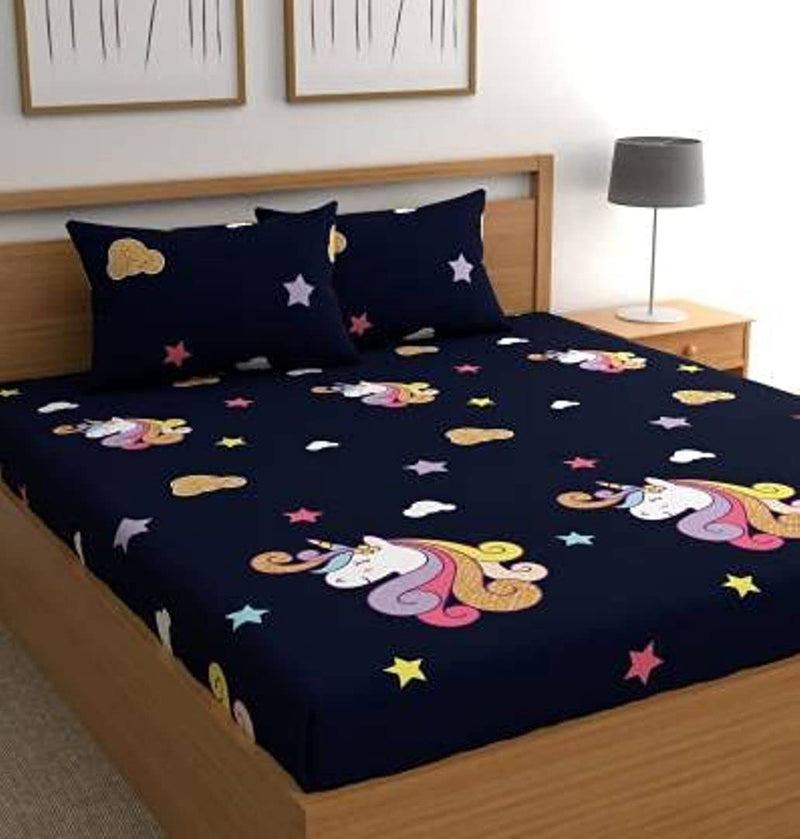 Precise Fabrics Cotton Elastic Fitted Bedsheet for Kids Room | King/Double Bed Bedsheet with 2 Pillow Cover | 200TC Cartoon Printed Bedsheet for Kids (72"x78" Upto 6 Inches, Blue Unicorn)