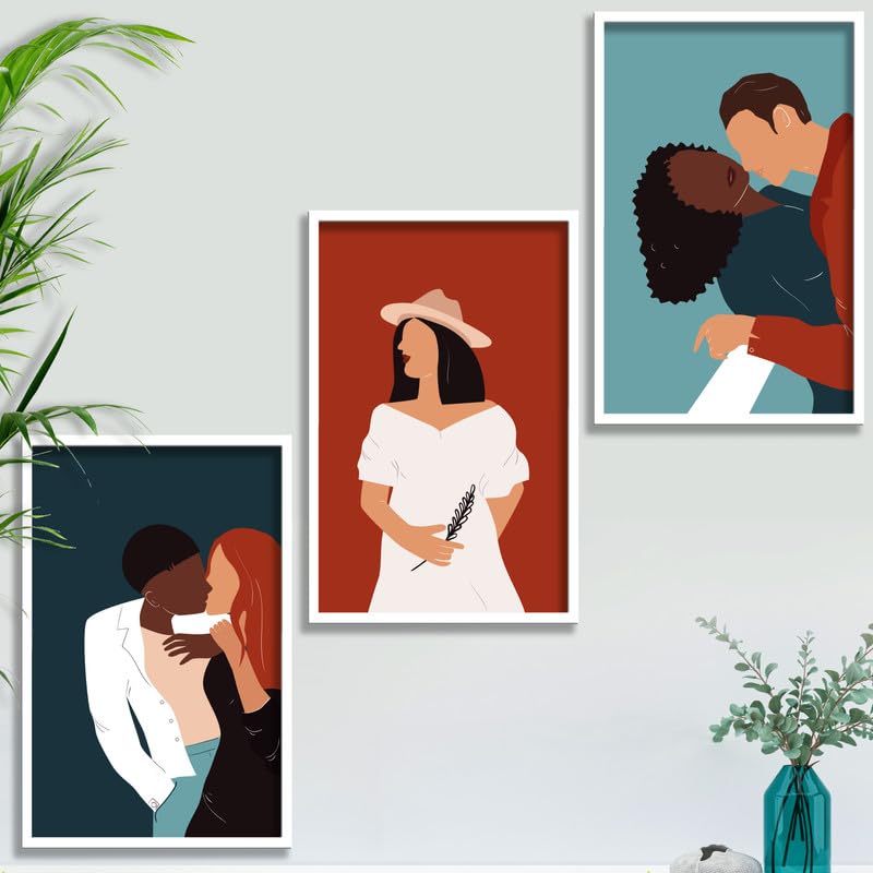 SAF paintings Set of 3 Romance couple Boho modern art design Premium white Framed Bohemian wall painting for for Wall, Home and Living Room Decoration 80 cms x 34.29 cms COMBO-2152-K3