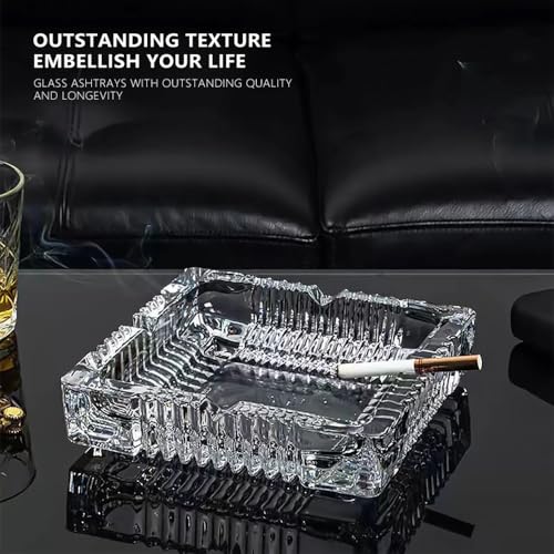 SIDSONS Large Glass Ashtray Square Cigarettes Cigars Crystal Cut Effect Transparent Glass Ash Tray Glass Indoor Outdoor Home Office Tabletop Restaurant Pub Garden, 18cm x 18cm 4cm Height