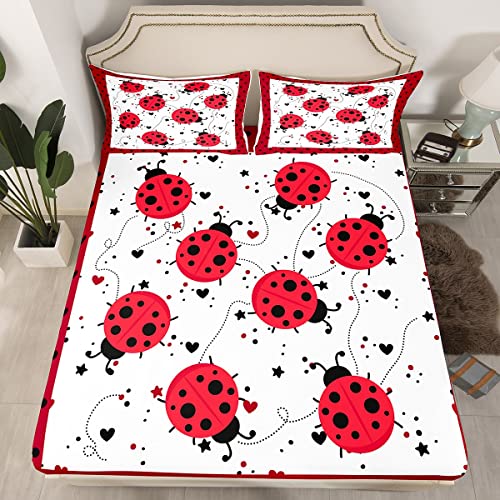 Red Ladybug Sheet Set Twin Size Cartoon Ladybugs Bed Sheets for Kids Child,Cute Ladybird Reptile Fitted Sheet Beetles Bugs Pattern Top Sheet Chic Nature Art Lady Beetle Wild Animal Room Decor