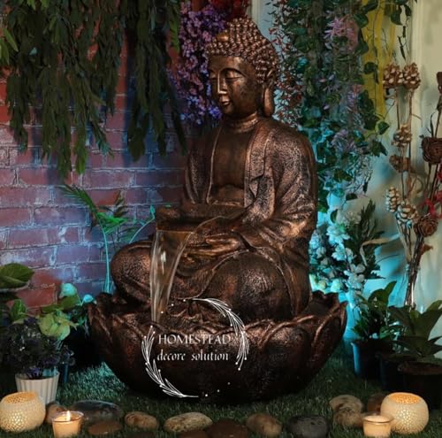 TENDENCE DECOR Garden Fountain with LED Light, Buddha Statue, Decorative Water Feature, Buddha Kamal Fountain 3 FEET | Home Decor Fountain Fiber