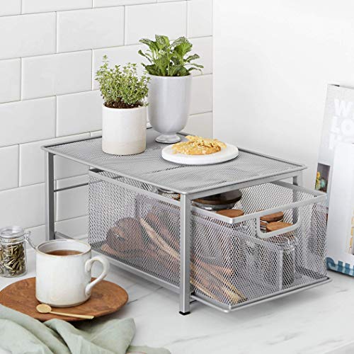 amazon basics Mesh Sliding Basket Drawer Storage Shelf Organizer, Silver, Stainless Steel