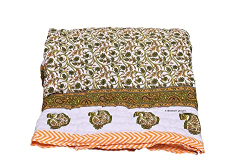 SIBLEY 400 TC Jaipuri Light Weight Pure Cotton Traditional Rajasthani Print Color Yellow Buta Quilt/Razai/Rajai (Single Bed - Set of 1)