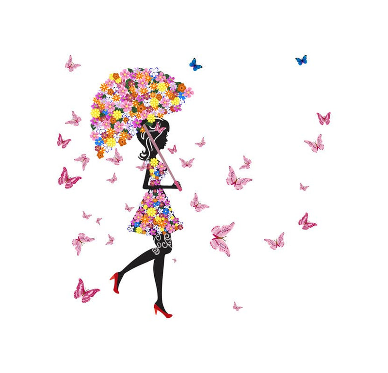 K2A Design Floral Umbrella Girl and Beautifull Butterflies Wall Sticker Multicolor PVC Vinyl 96x99 Cm