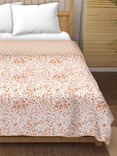 Dream Dwell 100% Pure Cotton Reversible Dohar/AC Blanket for Double Bed |All Weather Light Weight | Floral Print, Orange and White- Pack of 1