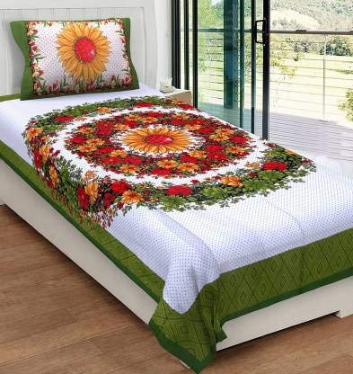 Traditional Collections 140 TC Cotton Surajmukhi Floral Printed Single Bedsheet (Green)