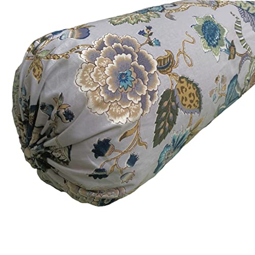 Trance Home Linen 100% Cotton Bolster Cover Set | 16x32 Inches | 120 TC | Dewan Round Pillow Covers Only | Bed Side Long Pillow Case | Soft and Comes with Adjustable tie - (Floral Grey - Set of 2)