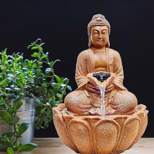 AYUZ Collections Presents Lotus Buddha Water Fountain Tranquil Water Feature with Led Lights,Tabletop Water Fountain for Home, Office, Living Room Decor (Brown) 15.5 Inches