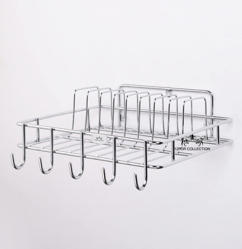 12FOR COLLECTION Multipurpose Wall Hanging Stainless Steel Big Mug,Cup & Saucer Holder, Plate Organizer Space Kitchen Saving Rack Utensil Kitchen Rack (Stainless Steel, Hanging Shelves, 4 x 10)