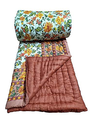 SVT Traditional Famous Jaipuri Beautiful Floral Print in Multi Coffee mughal Print Jaipuri Rajai/Razai/Quilt Double/Double Bed Quilt/Comforter/AC Quilt/AC Comforter