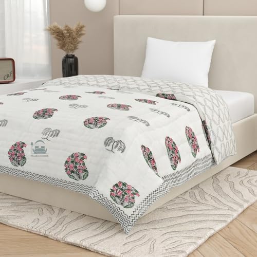 AARMOZY Pure Cotton Jaipuri Razai Single Bed Hand Block Floral Buta Bail Print Quilt Blanket - Multicolor (Single Bed C)