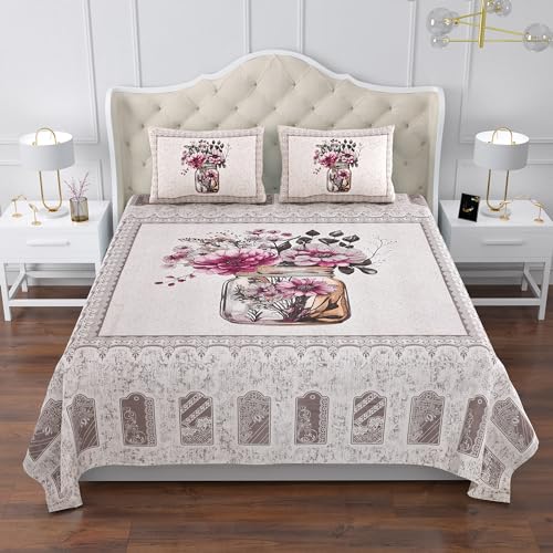 Heart Home Double Bedsheet with 2 Pillow Covers | 160 TC Premium Cotton Bedsheet for Double Bed | Bedsheet for Living Room-Home & Hotels | Photo Frame Flower Pot | 100x108 Inch | Beige