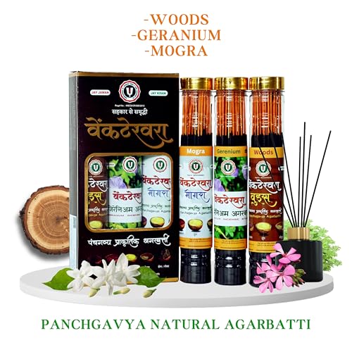 Venkteshwara Panchgavya Natural Agarbatti Combo Pack Mogra, Geranium, Woods | Suitable for Everyday Use | Natural Ingredients - Pack of 3