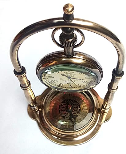 Table Clock Brass Desk Clock Maritime Brass Compass with Antique Victoria Hanging London-1876 Watch by ASI NAUTICAL