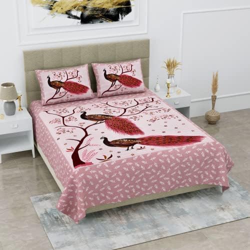 Shivanshi Pink Peacock Print Cotton Double Bed Sheet | Queen Size 90 x 100 inch Pure Cotton | Double Bedsheet with 2 Large Pillow Covers