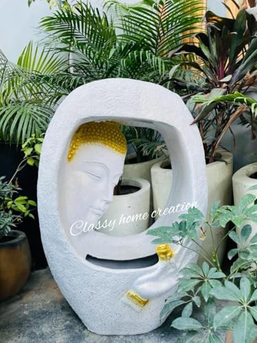 Classy Home Creation Rock Carved Buddha Face Shower Water Fountain for Home, Office, Garden (Grey) Water Fountain for Home, Water Fountain for Garden, Fountain for Living Room Fiber