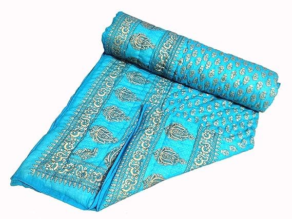 Om Enterprises Jaipuri 240 TC Double Bed Organic Cotton Jaipuri Razai Bed Blanket Quilt for Winter Soft Light Weight Jaipuri Traditional Rajai (Sky Blue, Double - 85x100 Inch)