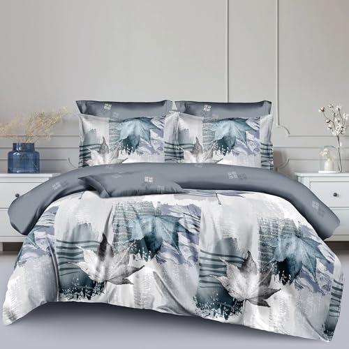 Story@Home 240 TC All Season Boho Collection Double Bedsheet Set with King Size Pillow Covers in Microfiber, Glaze Cotton, and Satin Printed Floral Pattern - 225CM X 250CM- White & Grey.