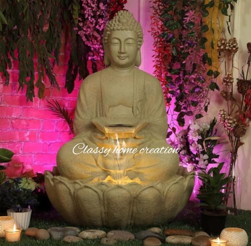 Classy Home Creation Garden Fountain with LED Light, Buddha Statue, Decorative Water Feature, Buddha Kamal Fountain 3 FEET Fiber (Multicolour)