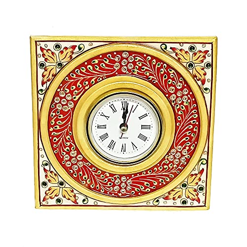 Handicraft Kingdom White Marble Table Clock with Ganesh Chowki | Ethnic Design Gold Painted Handmade Round Beautiful Meenakari Work Plate Watch| Approx Size (6 x 6 Inch) & Wt (600 Gm) Pack of 3