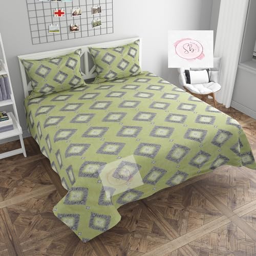 Flat Bedsheet for Super Queen Size Bed Sheet in Summer Home Collection by Star beddings 105 * 95 inches Set for Double Bed with 2 Pillow coversal (Green Block)