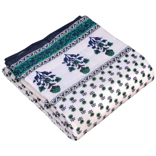 fashhub Rajasthani Traditional Cotton and Microfiber Jaipuri razai ac Blanket booti Print with Boarded Design Single Bed Reversible (Both Sided) Jaipuri Quilt 55 x 85 inch - Blue