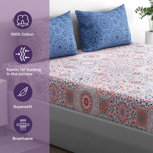 100% Cotton 152 TC Fitted Bedsheet with 1 Pillow Cover | Karol Single, 72" x 36", Karol| 1.83m x 91cm