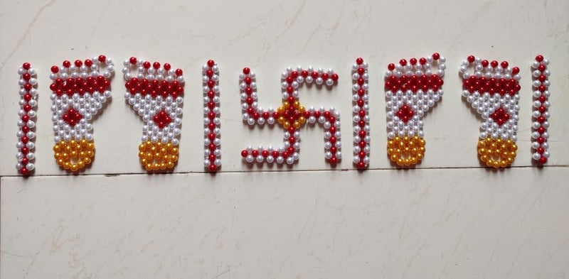 Decorative Pearl Beaded Rangoli Set with Laxmi Paule and Swastik Design, Red, White and Golden