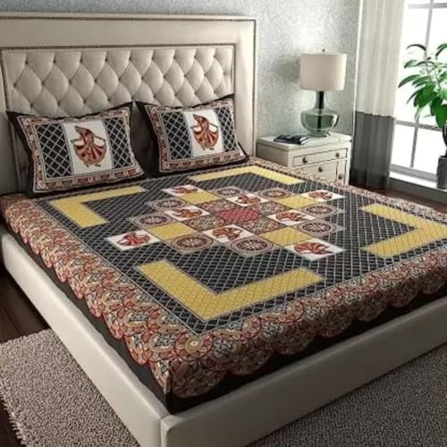 KOUNDAL Rajasthani Jaipuri Sanganeri Printed 144 TC 100% Cotton Bed Sheet Set for Double Bed,Geometric Pattern, Double Bedsheet Cotton with 2 Pillow Covers