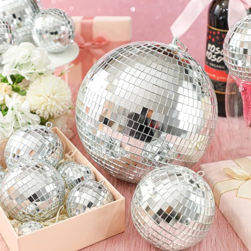 The Glamorous Silver Mirror Disco Balls with Elegant Hanging Rings - Elevate Your Event with These Stunning 12'', 8'', 6'', and 4 Inch