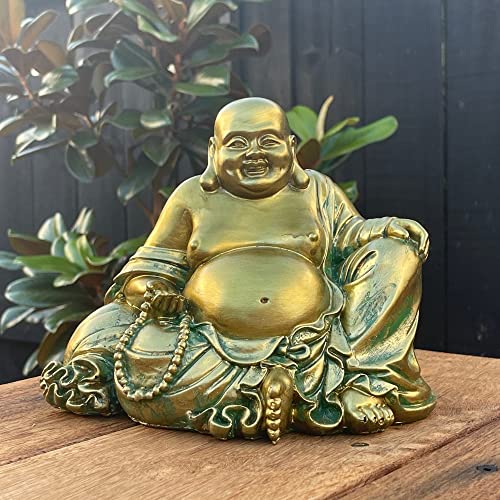 Zensational Happy, Laughing Buddha Statue – 6.5” Inches High - Handmade, Antique Gold Style - for Feng Shui Good Luck, Wealth and Happiness – Essence of Joy