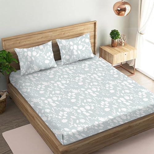 Oak & Lily Queen Size Bedsheet in 180 TC with 2 Large Pillow Covers | Florence Blossoms Blue Design | Bed Sheet for Double Bed | 90" x 100" | 100% Cotton Bed Cover | Washable | European Quality