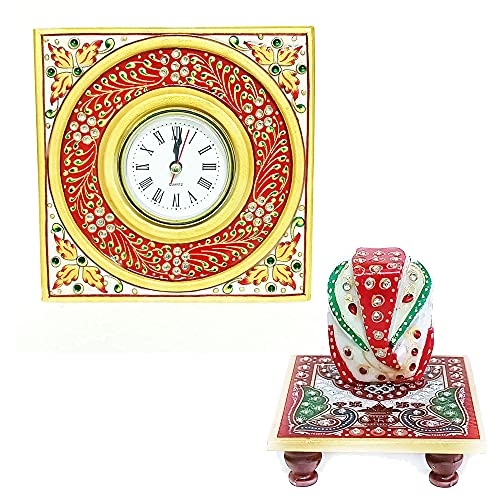 Handicraft Kingdom Marble Clock with Ganesha for Office, Home Living Room, Bedroom with Ganesh Chowki| Approx Size (6 x 6 Inch) & Wt (600 Gm) Pack of 3