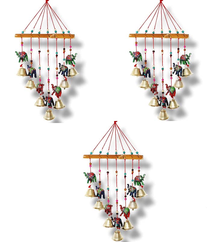 Aarushi� Rajasthani Wood Based Hand Made Wind Chime Elephant with Bells for Home/Decoration Door /Office/Wall Hanging/Garden -Set of 3