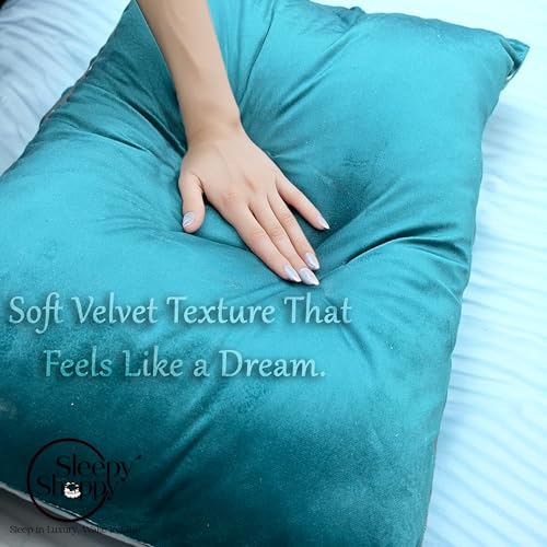 Holland Velvet Hollow Fiber Pillow with Removable Zipper Covers (Rama Green and White) 1 Pillow Sleepy Shoppy