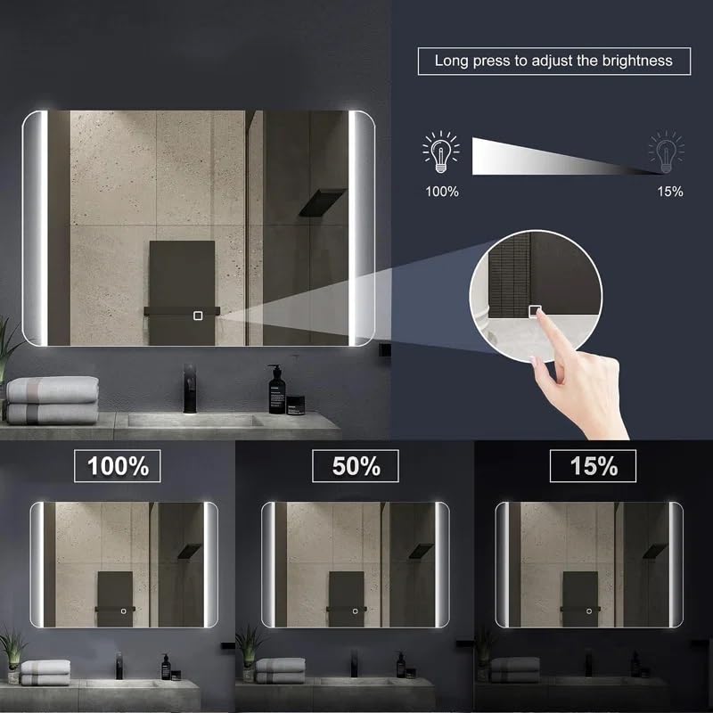 Artessa Semi-Clear Rectangular LED Mirror with Defogger, Dimmer, 3-Colour LED for Bathroom (90 x 120 CM)