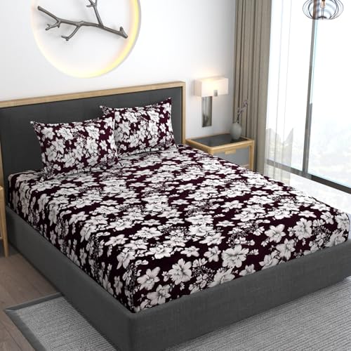 AMEYAA Flannel Elastic Fitted Warm Besheets for Double Bed, Printed Elastic Fitted Winter Season for King Size Bed with 2 Pillow Covers, Woolen Double bedsheet for Winter, Size-78 x 72 Inches Wine