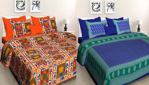 JAIPUR PRINTS Pure Jaipuri Print 100% Cotton Rajasthani Combo Bedsheet for Double Bed Tradition 2 Double Bedsheet with 4 Pillow Cover - FASHION-60