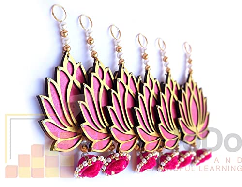 StepsToDo (with device) Hanging Wooden Lotus Cut-Out Handicraft. Set of 6. Rose Pink. Festive DIY Craft Material. Completely Wooden. Decoration for Any Festival, Diwali, Pooja, Wedding Gift.(6)