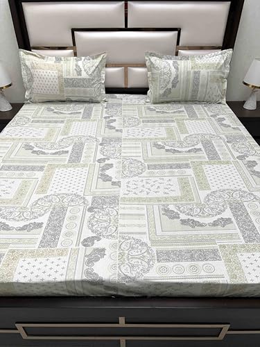 Pure Decor 100% Pure Cotton Velar Collection Super King Size Twill Fabric Bedsheet for Double Bed (108"X120") with 2 Pillow Covers PD 4397 - Ethnic, Green