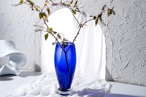 Barski - Handmade Glass - Footed Round Vase - Cobalt - 14" H (14 Inches High) Made in Europe