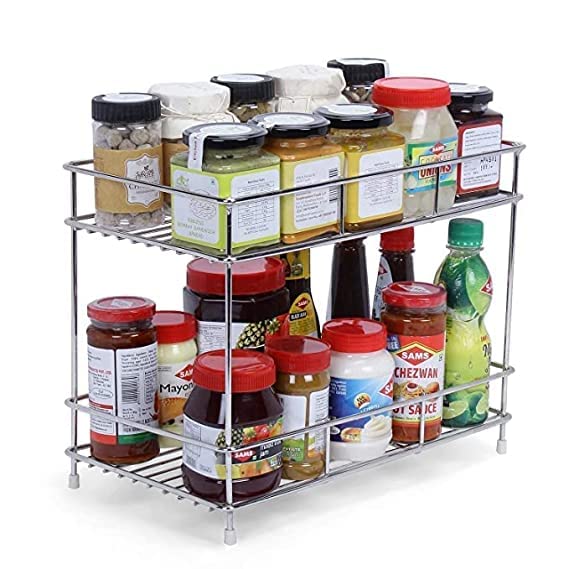 CR18 COLLECTION Big Size Steel 2-Tier Kitchen Rack/Spice Shelf/Pantry/Daal Shelf Premium Storage Organiser Heavy Duty (Glossy Chrome) Rack for Utensils dal Masala Kitchen Storage Rack, Tiered Shelf