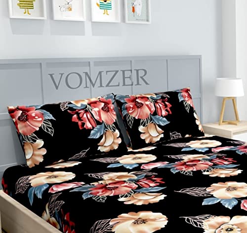 Vomzer - Home Decor 300Tc Elastic Fitted Double Bed Bedsheets with 2 Pillow Cover - King Size 78" X 72 (White Black), Cotton