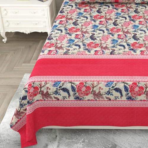 Label 7/7 100% Cotton Flat Double Bedsheet King Size with 2 King Size Pillow Covers | Double Bed Breathable | Wrinklefree | Ultrasoft 200 TC Supersoft |108 x 108 Inches | Floral (Red)