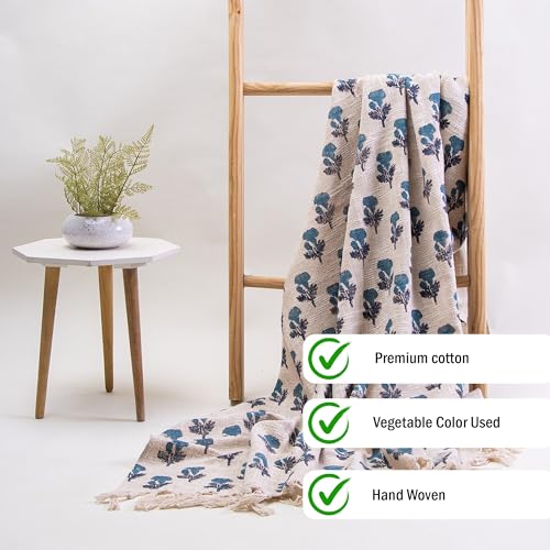 DMAASA Pure Cotton Throw Blanket | Handmade Block Print Blue Floral Throw 50x60 Inches | Throw for Sofa, Bed, Chair and Couch | Breathable and Lightweight