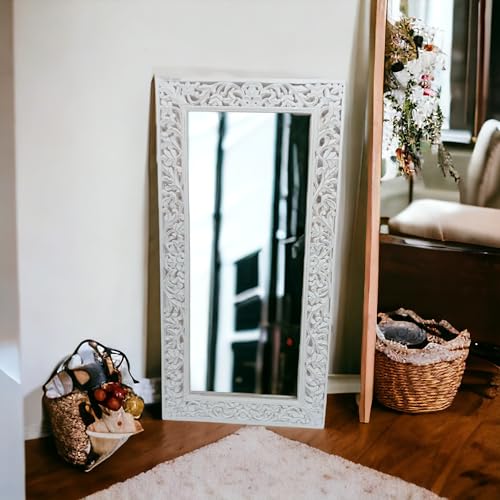 aesthetic decor (6x3 Wooden Carved Wall Mirror Frame Solid Wood, | with Out Mirror | Crown Pattern (White Distress)