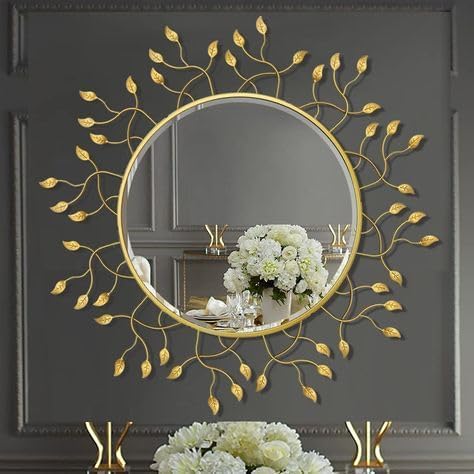 Crafts Valley Rustic Metal Framed Wall Mirror, 24 Inch Diameter, Gold Leaf Design, Decorative Home Accent Mirror