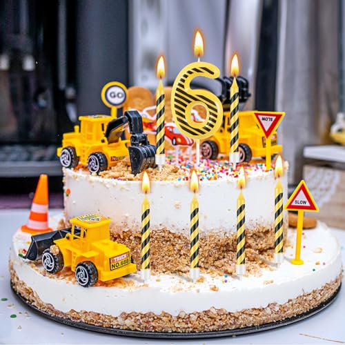 Threlaco 13 Pcs Construction Themed Birthday Candles Set, 12 Yellow and Black Striped Candle and 1 Number Candle Cake Topper for Construction Party Decoration Baby Shower Party Supplies (Number 6)